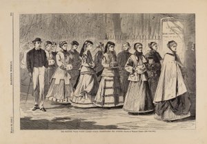 Morgenvandringen – Unge damers skole som promenerer langs avenyen, fra Harper#39;s Weekly, 28. mars 1868 av Winslow Homer