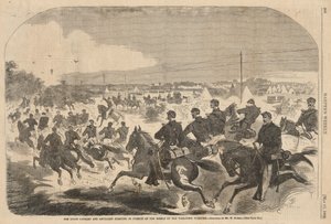 Unionens kavaleri og artilleri innleder forfølgelsen av opprørerne langs Yorktown Turnpike, fra Harper