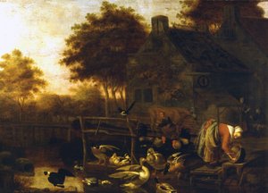 Country Scene in Holland (gård med mange dyr og en bonde som melker en ku) av Wintrack the Young av Wintrack the Younger