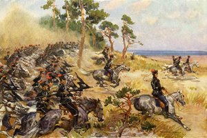 Tyske 1. husarer på øvelser (farge litho)