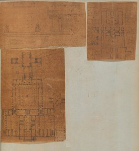 Side fra en utklippsbok som inneholder tegninger og flere utskrifter av arkitektur, Int..., ca. 1800-1850. Skapere: Workshop av Charles Percier, Workshop av Pierre François Léonard Fontaine.