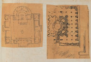 Side fra en utklippsbok som inneholder tegninger og flere utskrifter av arkitektur, Int..., ca. 1800-1850. Skapere: Workshop av Charles Percier, Workshop av Pierre François Léonard Fontaine. av Workshop of Charles Percier, Workshop of Pierre