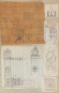 Side fra en utklippsbok som inneholder tegninger og flere utskrifter av arkitektur, Int..., ca. 1800-1850. Skapere: Workshop av Charles Percier, Workshop av Pierre François Léonard Fontaine.