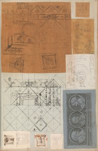 Side fra en utklippsbok som inneholder tegninger og flere utskrifter av arkitektur, Int..., ca. 1800-1850. Skapere: Workshop av Charles Percier, Workshop av Pierre François Léonard Fontaine. av Workshop of Charles Percier, Workshop of Pierre