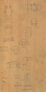 Side fra en utklippsbok som inneholder tegninger og flere utskrifter av arkitektur, Int..., ca. 1800-1850. Skapere: Workshop av Charles Percier, Workshop av Pierre François Léonard Fontaine.