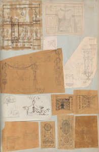Side fra en utklippsbok som inneholder tegninger og flere utskrifter av arkitektur, Int..., ca. 1800-1850. Skapere: Workshop av Charles Percier, Workshop av Pierre François Léonard Fontaine.