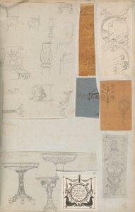 Side fra en utklippsbok som inneholder tegninger og flere utskrifter av arkitektur, Int..., ca. 1800-1850. Skapere: Workshop av Charles Percier, Workshop av Pierre François Léonard Fontaine.