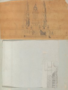 Side fra en utklippsbok som inneholder tegninger og flere utskrifter av arkitektur, Int..., ca. 1800-1850. Skapere: Workshop av Charles Percier, Workshop av Pierre François Léonard Fontaine.