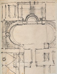 Side fra en utklippsbok som inneholder tegninger og flere utskrifter av arkitektur, Int..., ca. 1800-1850. Skapere: Workshop av Charles Percier, Workshop av Pierre François Léonard Fontaine.