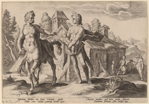 Apollo gir Chiron utdannelsen til Asclepius av Workshop of Hendrick Goltzius, after Hendrick Goltzius