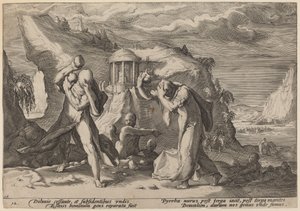 Deucalion og Pyrra gjentar jorden av Workshop of Hendrick Goltzius, after Hendrick Goltzius