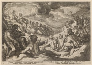 Jupiter tar råd fra gudene om ødeleggelsen av universet av Workshop of Hendrick Goltzius, after Hendrick Goltzius