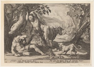 Landskap med Mercury som løfter sverdet for å drepe en sovende argus av Workshop of Hendrick Goltzius, after Hendrick Goltzius