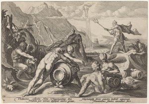 Neptun planlegger menneskets ødeleggelse av Workshop of Hendrick Goltzius, after Hendrick Goltzius