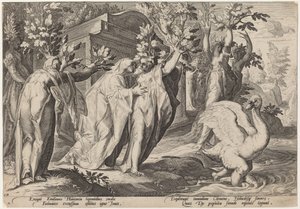 Phaetons søstre endret seg til poppel, og Cygnus til en svane av Workshop of Hendrick Goltzius, after Hendrick Goltzius