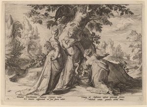 The Daughters of Cecrops åpner kisten som er betrodd dem av Minerva av Workshop of Hendrick Goltzius, after Hendrick Goltzius