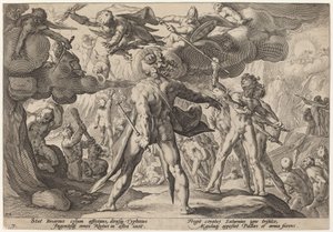 Kjempene som klatrer på himmelen av Workshop of Hendrick Goltzius, after Hendrick Goltzius