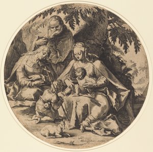 Den hellige familie med Saint Elizabeth og Saint John the Baptist av Workshop of Jacob Matham, after Hendrik Goltzius