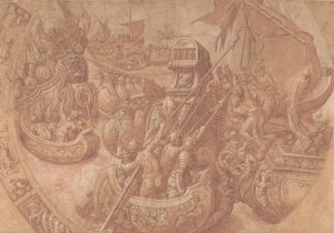 Sjøslaget i Morbihan-bukten, 1500-tallet. av Workshop of Taddeo Zuccaro.