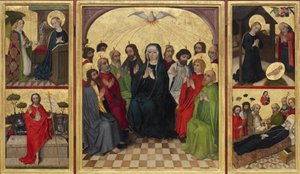 Den Hellige Ånds retabell åpen. Pinse, kunngjøring, fødsel, Kristi oppstandelse og Jomfruens død, ca. 1448 av Workshop of the Wolfgang Retable