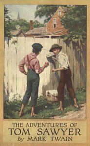 Støvomslag for The Adventures of Tom Sawyer av Mark Twain (1835 - 1910), pub. 1910 (farge litho)