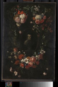 Feigned skulpturert byste av den salige Hieronymus Werdanus satt i en falsk steinkartouche, dekorert med en bylt og to blomsterklatter av Wouter Gysaerts