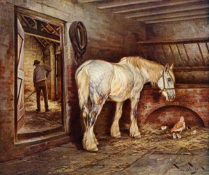 Slutten av dagen - gårdshest kommer hjem (farge litho) av Wright Barker