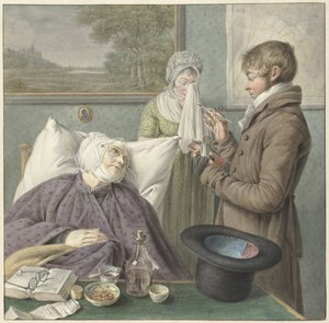 Legen besøker en syk gammel kvinne i sengen av Wybrand Hendriks (attributed to)