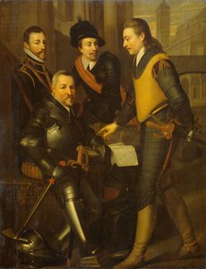 Gruppeportrett av de fire brødrene til William I, Prince of Orange: Jan (1535-1606), Hendrik (1550-74), Adolf (1540-68) og Lodewijk (1538-74), grevene av Nassau av Wybrand de Geest (I) (workshop of)