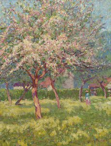 En frukthage i blomst (olje på lerret)