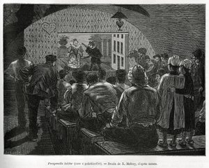 Cellar a Polichinelles, en kjeller designet for dukketeater. Gravering av X.Mellery, for å illustrere historien om Belgia, av Camille Lemonnier, publisert i Tour du monde, redigert av Edouard Charton (1807-1890) av Xavier Mellery