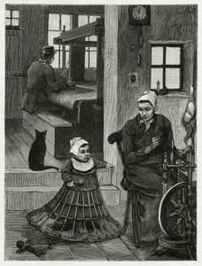 Interiør i boligen og veververkstedet, med veveren og hjulet, samt et barn iført fletteskjørt som hjelper ham til å ta sine første skritt. Gravering av X.Mellery, for å illustrere historien ""La Belgique"", av Camille Lemonnier (1844-19)