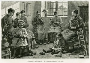 Flettingen av halm har Sluze. Gravering av Xavier Mellery for å illustrere historien La Belgique, av Camille Lemonnier, i le tour du monde 1886, regissert av Edouard Charton (1807-1890), Hachette, Paris.
