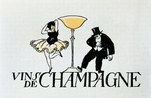 Reklamevignett for champagneviner som representerer et par som danser rundt en kopp, 1900-tallet (plakat) av Xavier Nogues