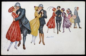 Militære og deres forlovede, marainer eller venner - illustrasjon av Xavier Sager (1870-1930) postkort, v.1915 av Xavier Sager