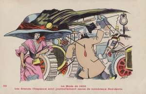 Postkort som satiriserer farene ved store hatter og tilhørende hattenåler - moten fra 1909 av Xavier Sager