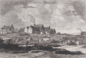 Landskap med en elv som renner til høyre og hus i bakgrunnen, 1845-75. av Xavier de Dananche