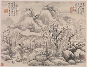 Snølandskap, fra album for Zhou Lianggong, datert til 1645–55 (dobbelt albumblad fra et samlet album med tolv malerier og motstående sider med kalligrafi; blekk på papir) av Xiang Yun