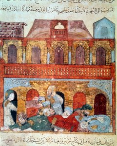 Den vandrende navigatøren Abu Zayd (Abu Zayd, Abu Zayd) og de sovende kjøpmennene Abu Mohammed al-Kasim ibn Ali Hariri (1054-1122) opplyst av Yahya Mahmud al-Wasiti (al-Wasiti) i av Yahya ibn Mahmud Al Wasiti