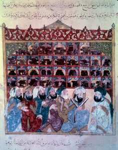 The Wandering Navigator Abu Zayd (Abu Zayd, Abu Zayd) holder en tale i Basra Miniature Library fra Maqamat (Seances) av Abu Mohammed al-Kasim ibn Ali Hariri (eller Al-Hariri eller Al Hariri) (1054-1122) opplyst av Yahya Mahmud al-Wasiti (al Wasit av Yahya ibn Mahmud Al Wasiti