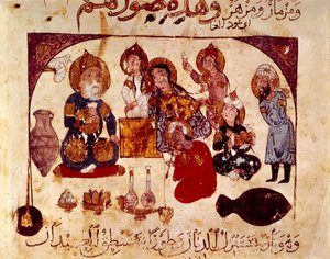 Abou-Zayd på tavernaen Hanah, miniatyr fra "Maqamat" (ordtak), ms. 3929, fol. 34v av Yahya ibn Mahmud Al Wasiti