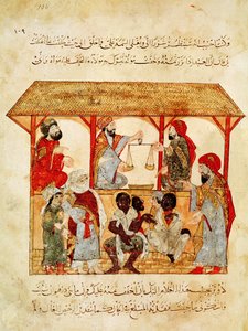 Ms. Ar 5847 f.105, A Slave Market, fra "Al Maqamat" av Yahya ibn Mahmud Al Wasiti
