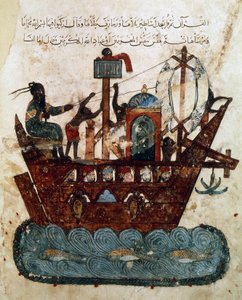 Ms Ar 5847 f.119v, Abu Zayd og Al-Harith som seiler fra Basra til Oman, miniatyr fra Maqamat av al-Hariri (The Meetings), ca. 1240 (gouache på papir)