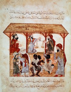 Slavemarsj i Zabid (Zebid), Jemen. Miniatyr i "" The Seances. Al-Maqamat” (Folio 105) opplyst av Yahya ibn Mahmud al-Wasiti og skrevet av Hariri al-Basri, al-Qasim ibn Ali al (1054-1122)