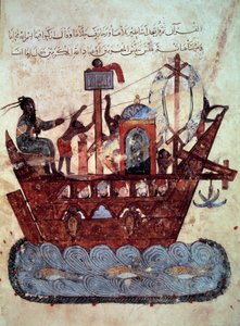 den borgerlige al-Harith (Al Harith), sønn av Hammam, og den vandrende navigatøren Abu-Zayd (Abu Zayd) på en miniatyrbåt fra "Maqamat" (Seances) til Abu Mohammed al-Kasim ibn Ali Hariri (eller Al- Hariri eller Al Hariri) (1054-1122) opplyst av Yahya Mahmud av Yahya ibn Mahmud Al Wasiti