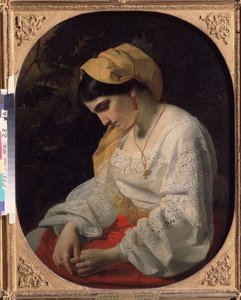 En ung brud (A Bride). Profilportrett av en trist ung kvinne med et resignert uttrykk. Maleri av Yakov Fyodorovich Kapkov (1816-1854), olje på lerret av Yakov Fyodorovich Kapkov