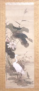 Lotus And Snowy Heron (blekk, farge, silke)
