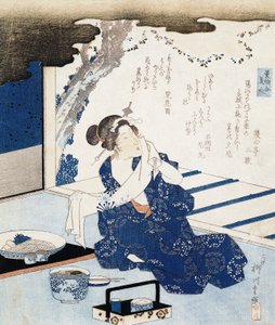 Courtesane iført yukata (blå og hvit bomullskimono), veggpanel er dekorert med dikt av Yanagawa II Shigenobu