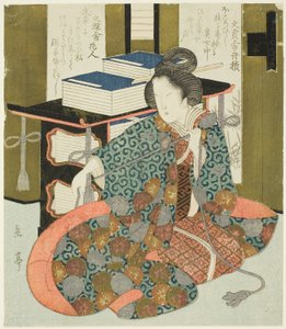 En kvinne som trekker i snoren til en bokveske med hjul, fra serien "A Set of Seven for the Katsushika Club" av Yashima Gakutei