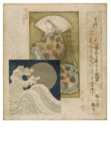 Heian Era Court Lady med stor vifte og innfelt sølvmåne og bølger fra serien Honcho poesi sirkel, ca. 1815-1825 (treblokk på papir) av Yashima Gakutei